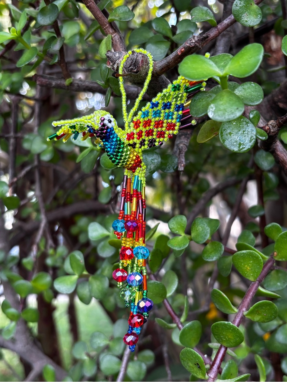 Handmade Beaded Hummingbird Bird Ornament - Neon Multicolor